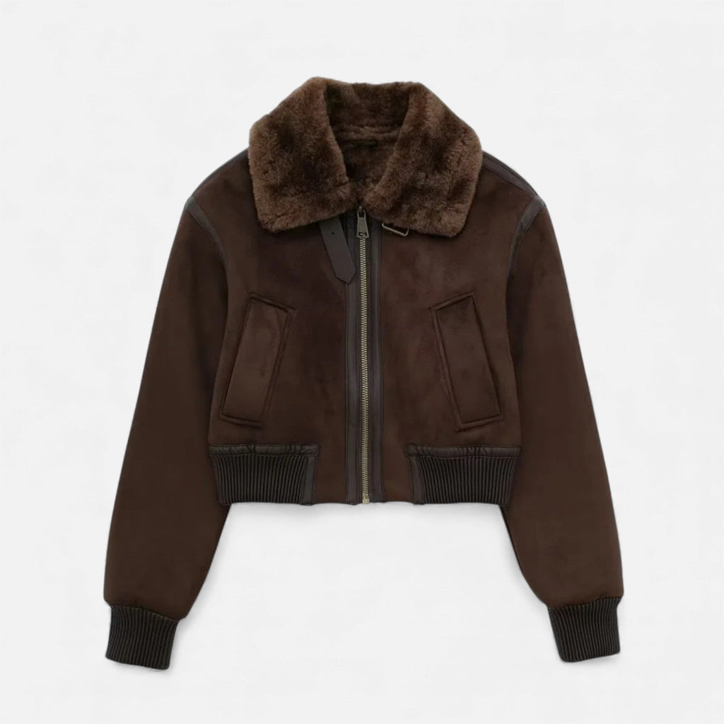 Chaqueta bomber marrón para mujer, con ribete de piel sintética de lujo