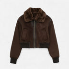 Chaqueta bomber marrón para mujer, con ribete de piel sintética de lujo
