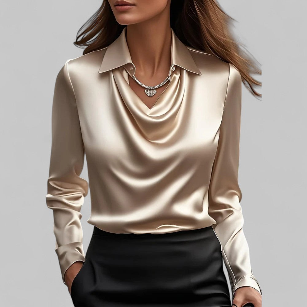Satin Blouse with Draped Neckline and Long Sleeves