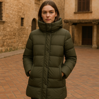 Chaqueta Larga de Plumón Verde Oliva con Cuello Alto