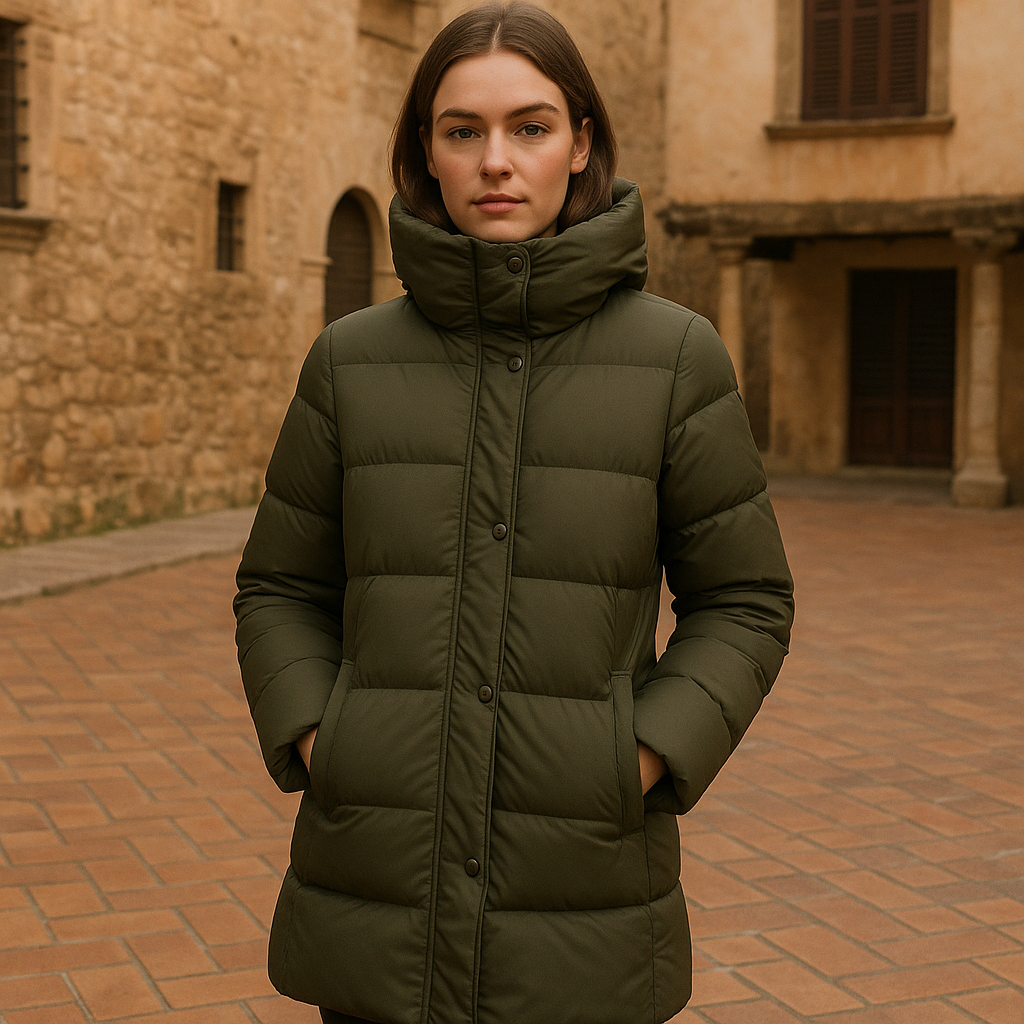Chaqueta Larga de Plumón Verde Oliva con Cuello Alto