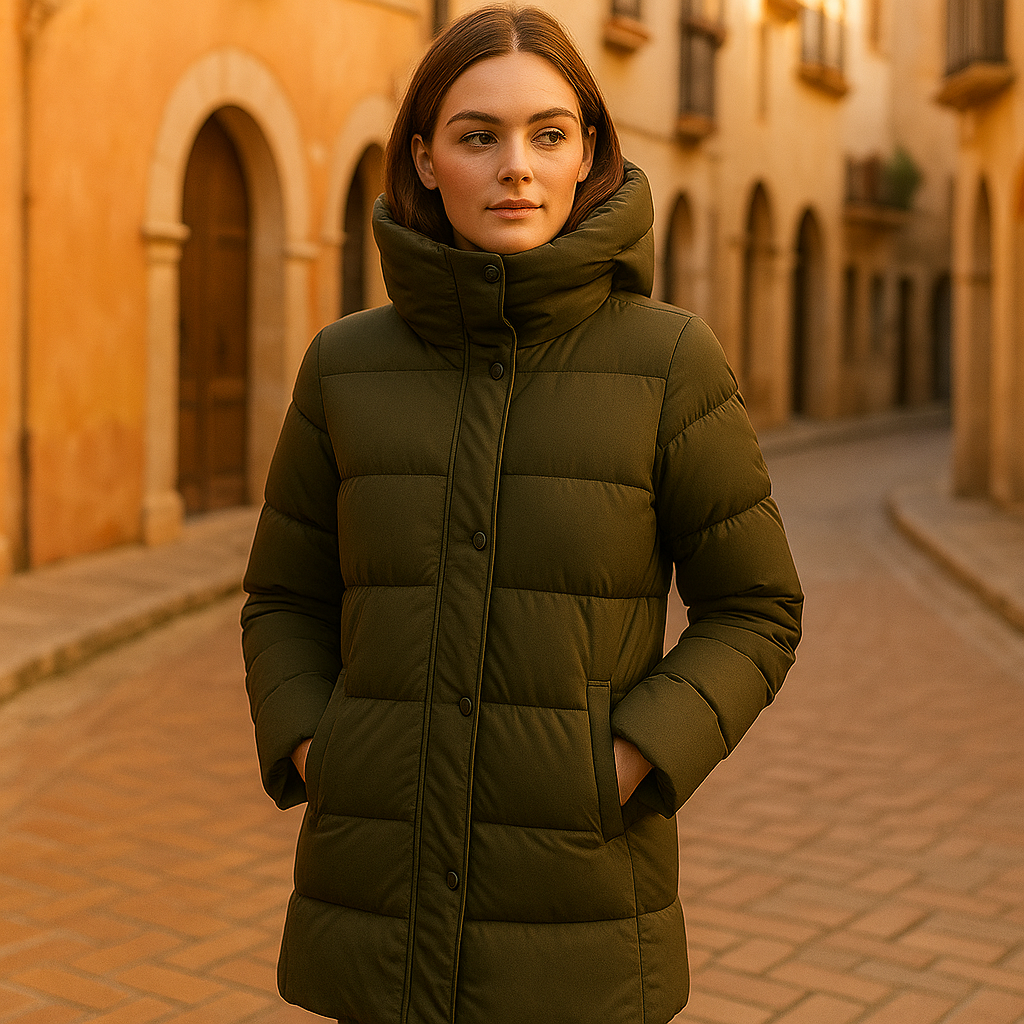 Chaqueta Larga de Plumón Verde Oliva con Cuello Alto