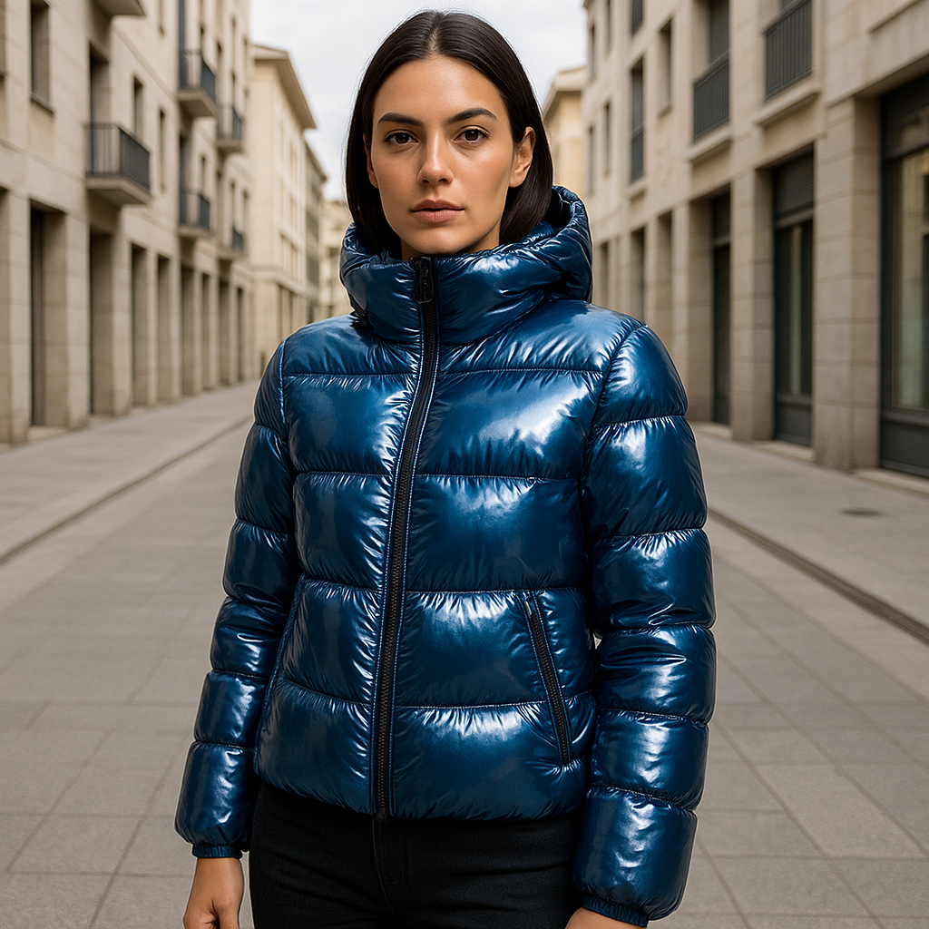 Chaqueta Corta de Plumón Azul Metálico con Brillo
