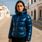 Chaqueta Corta de Plumón Azul Metálico con Brillo
