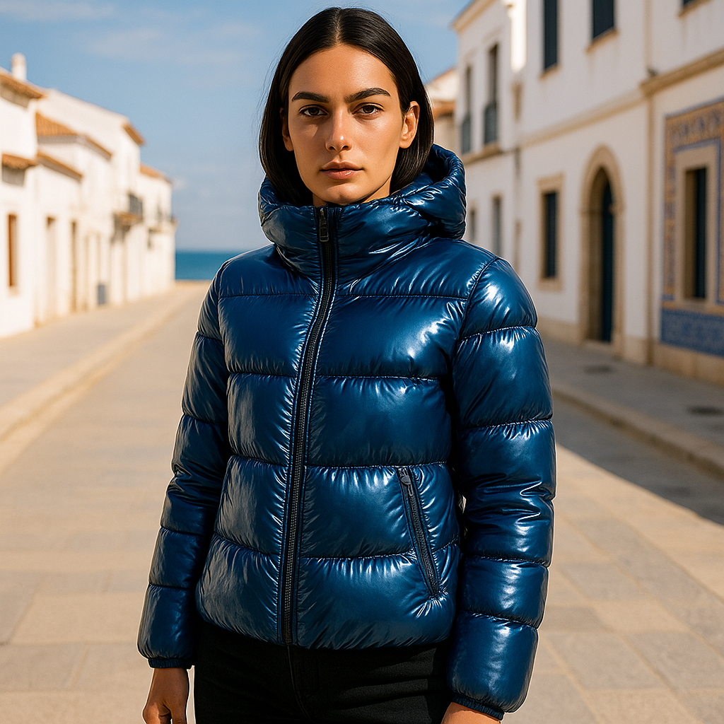 Chaqueta Corta de Plumón Azul Metálico con Brillo
