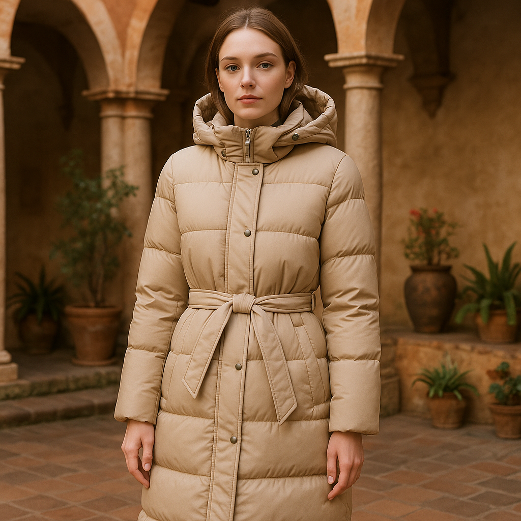Chaqueta Larga de Plumón Beige con Capucha y Cinturón Ajustable