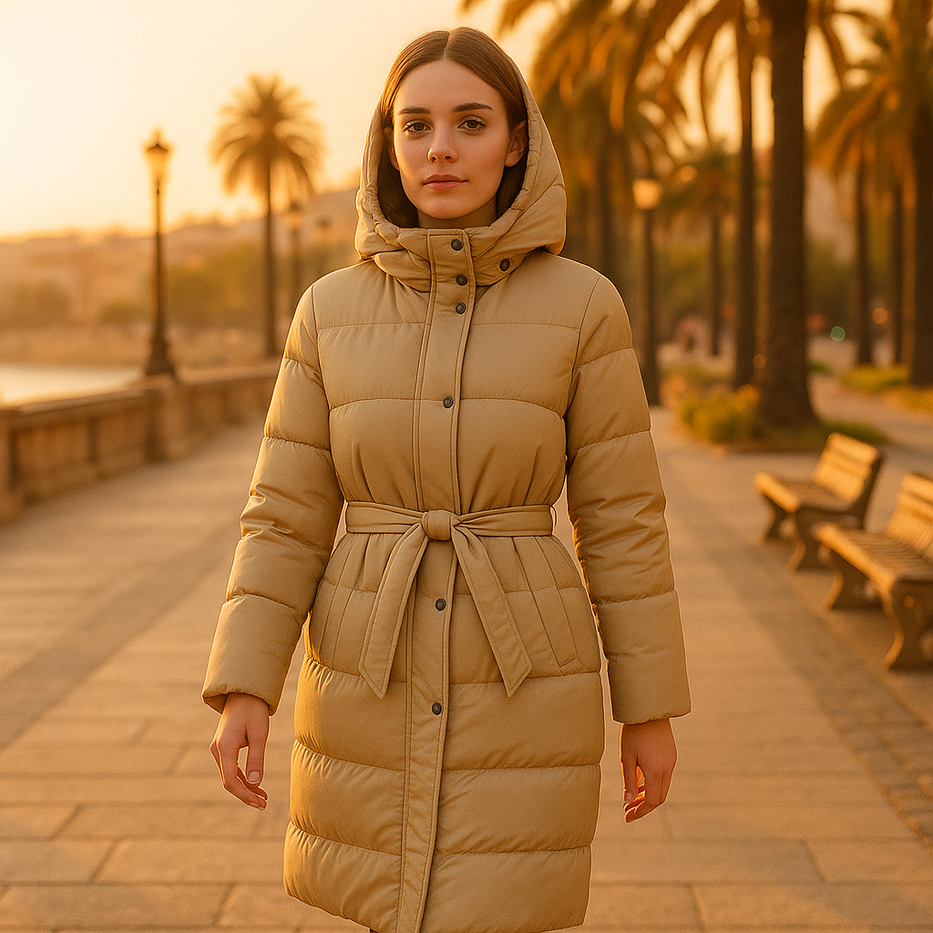 Chaqueta Larga de Plumón Beige con Capucha y Cinturón Ajustable