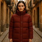 Chaqueta de Plumón de Media Longitud en Rojo Oscuro con Cierre de Corchetes