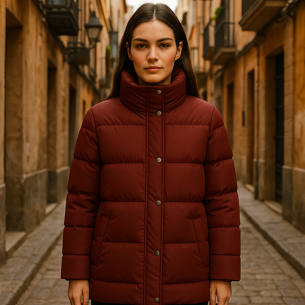 Chaqueta de Plumón de Media Longitud en Rojo Oscuro con Cierre de Corchetes