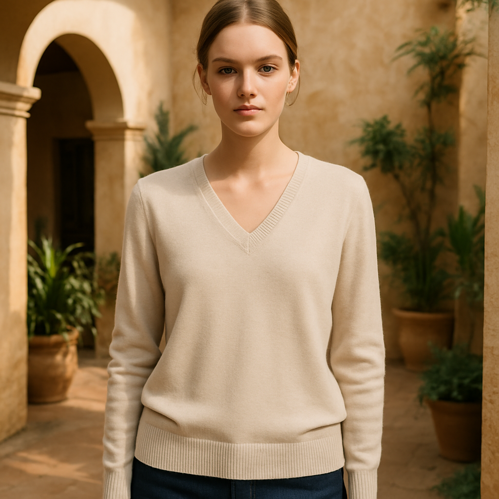 Jersey Beige Claro con Cuello en V y Acabado de Canalé