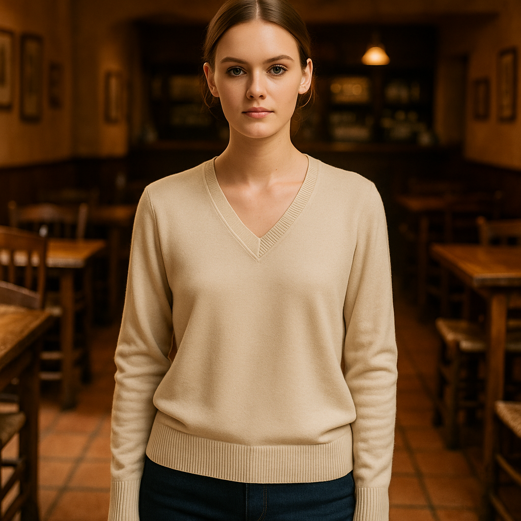 Jersey Beige Claro con Cuello en V y Acabado de Canalé