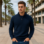 Jersey Azul Oscuro con Cremallera Corta y Cuello Alto