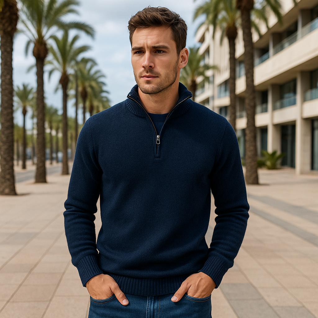 Jersey Azul Oscuro con Cremallera Corta y Cuello Alto
