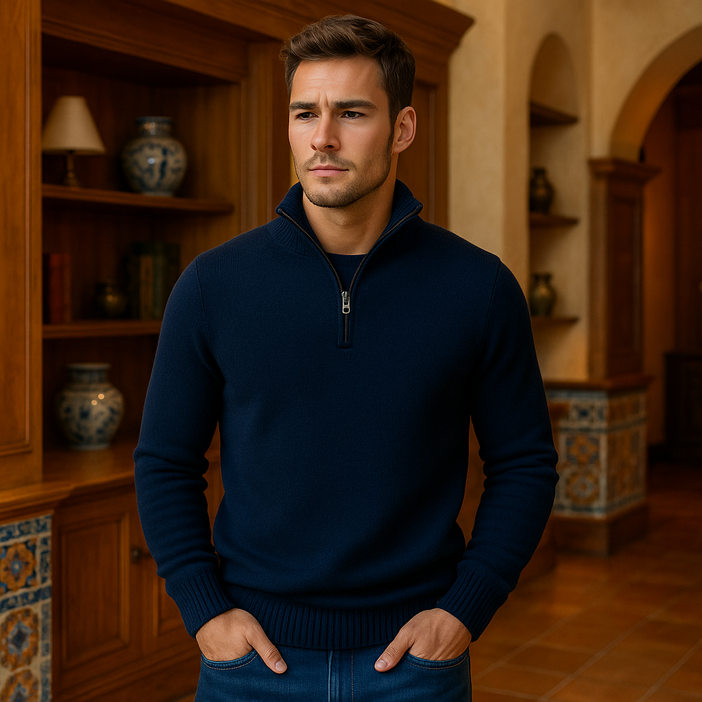 Jersey Azul Oscuro con Cremallera Corta y Cuello Alto