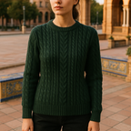 Jersey Verde Oscuro con Cuello Redondo y Tejido de Trenza