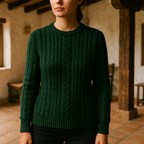 Jersey Verde Oscuro con Cuello Redondo y Tejido de Trenza