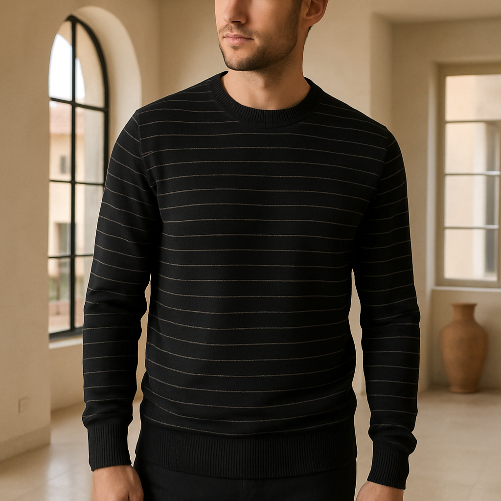 Jersey Negro con Finas Rayas y Cuello Redondo