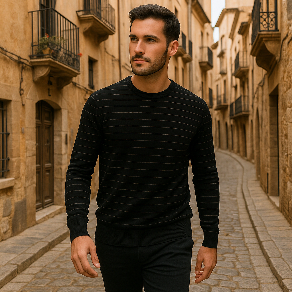 Jersey Negro con Finas Rayas y Cuello Redondo