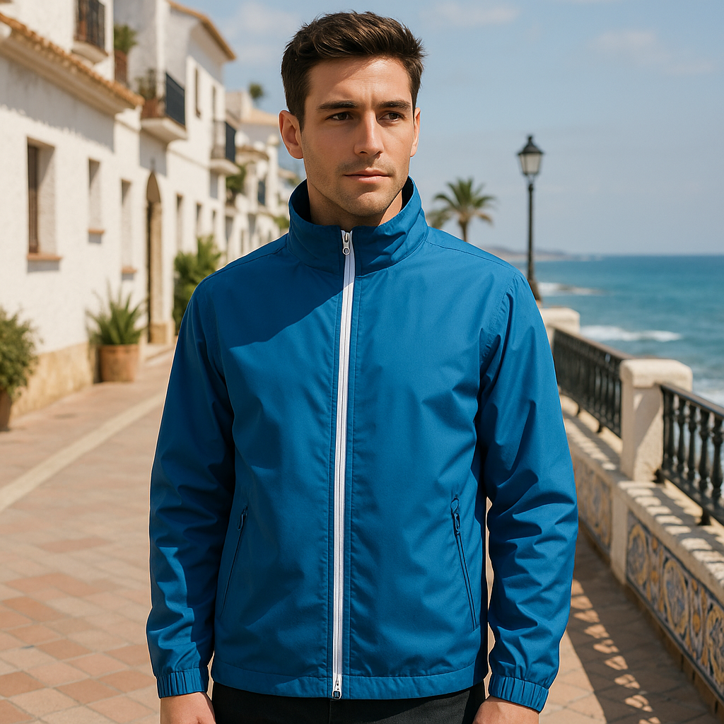 Cortavientos Azul con Cremallera de Contraste y Cuello Alto