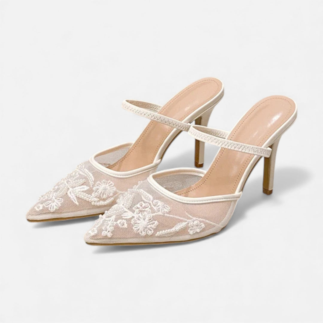 Women’s Elegant Airy Stable Formal Mesh Heels with Embroidered Floral Design
