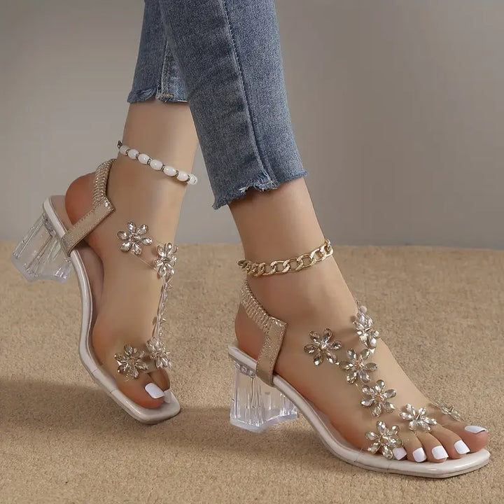 Rhinestone Block Heel Sandals
