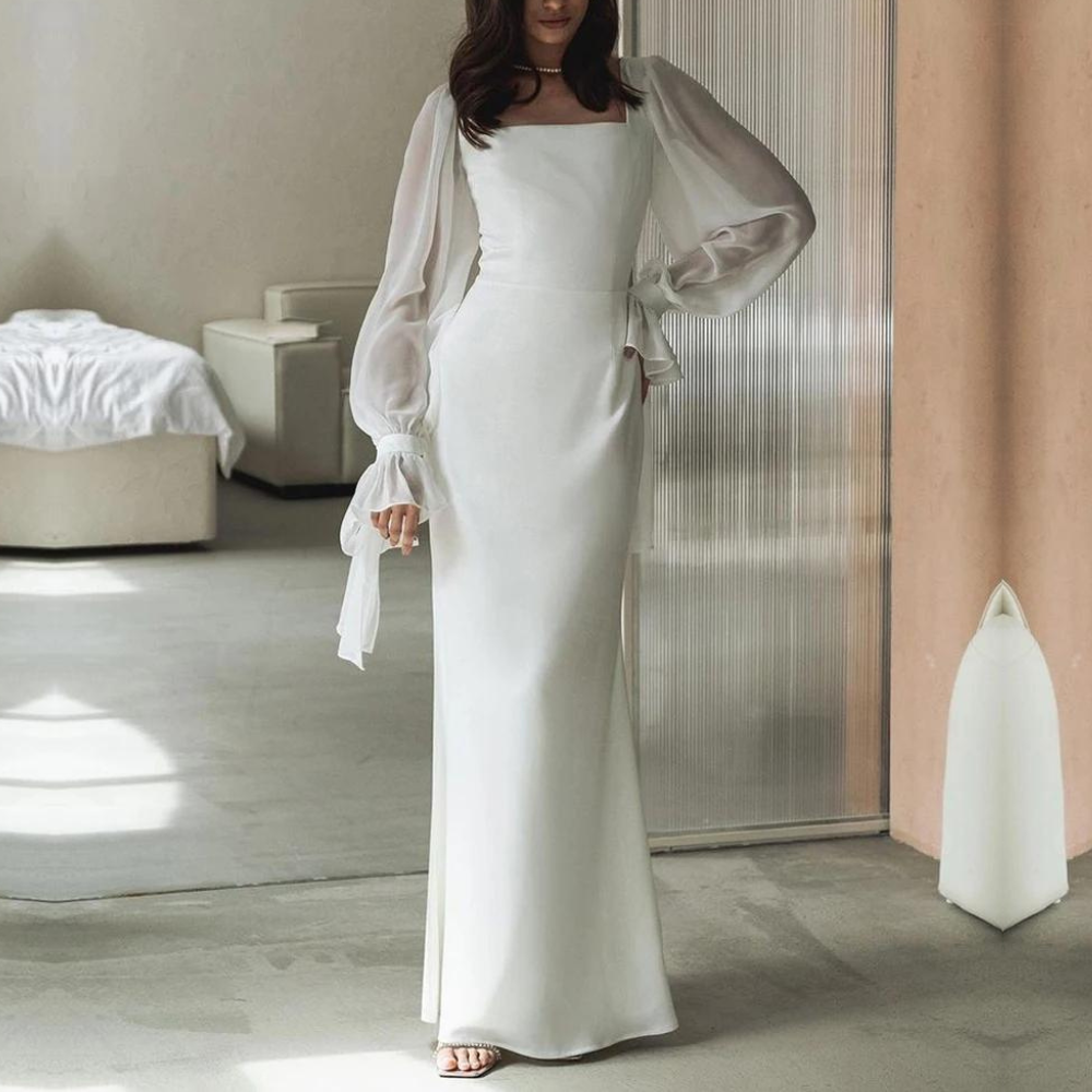 Women's Flattering Gown Long Evening Dress with Square Neckline