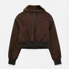 Chaqueta bomber marrón para mujer, con ribete de piel sintética de lujo