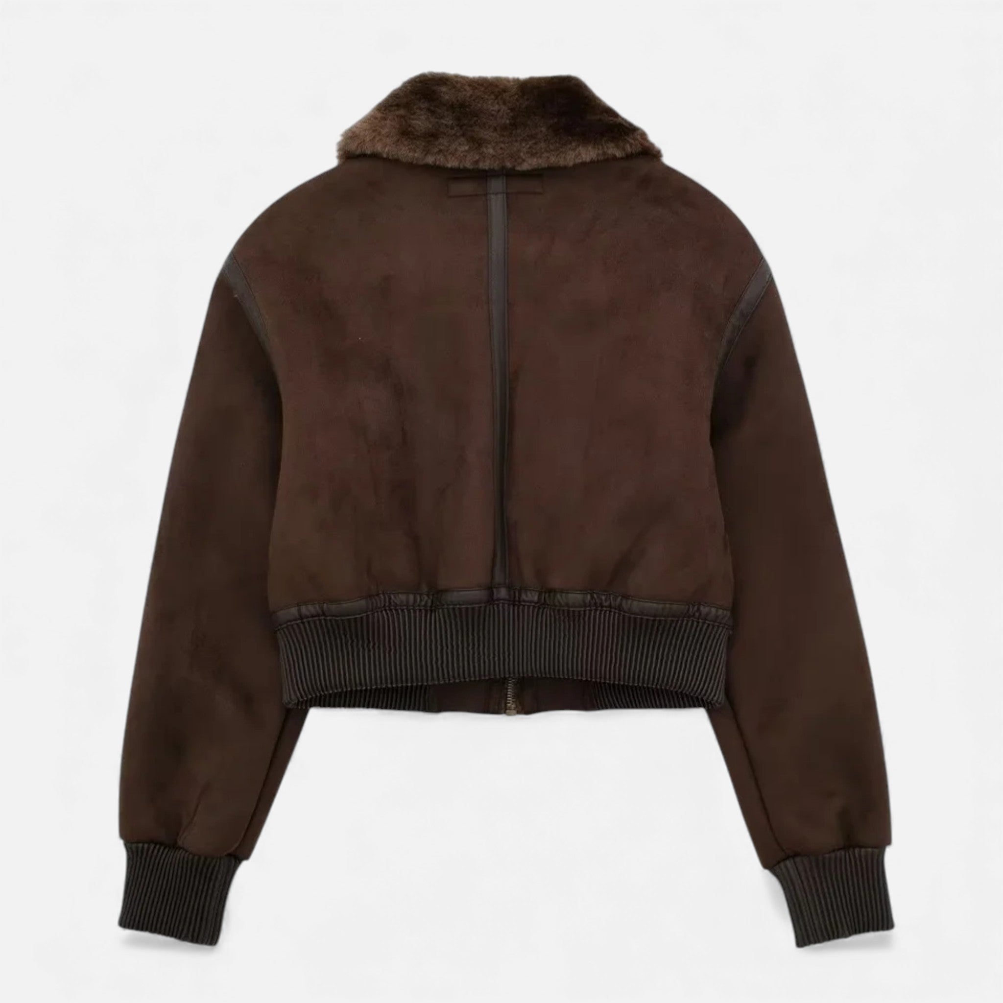 Chaqueta bomber marrón para mujer, con ribete de piel sintética de lujo