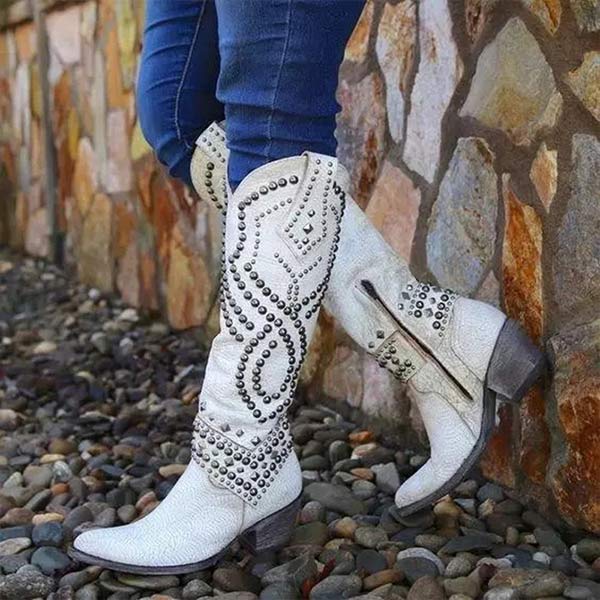 Women's Thick Edgy High Knee High Boots with Side Zipper and Rivet Detail
