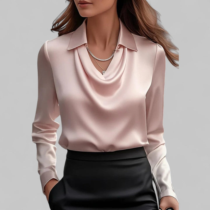 Satin Blouse with Draped Neckline and Long Sleeves