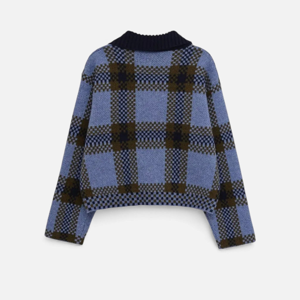 Chaqueta de punto con cremallera para mujer, de cuadros, con cuello vuelto