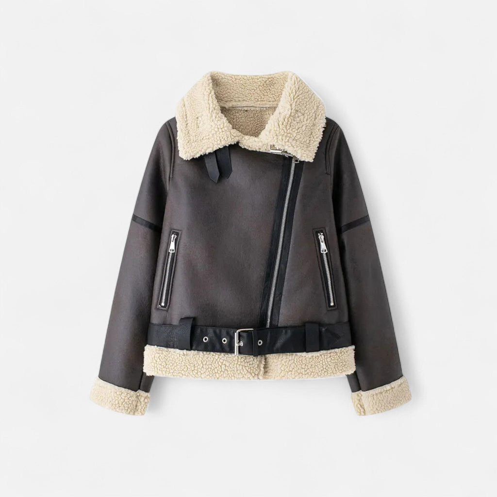 Giacca da donna autunnale in pelle con cintura