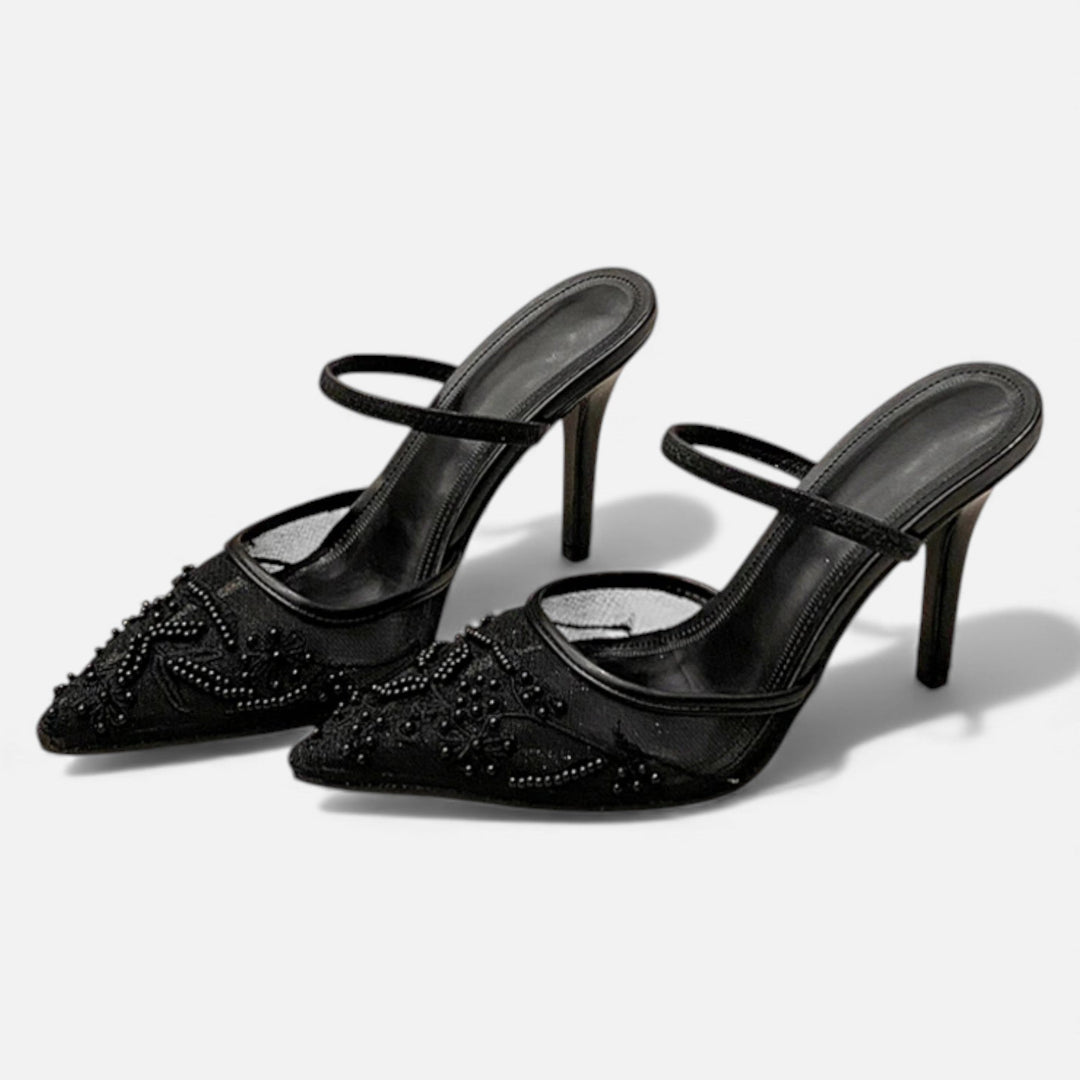 Women’s Elegant Airy Stable Formal Mesh Heels with Embroidered Floral Design