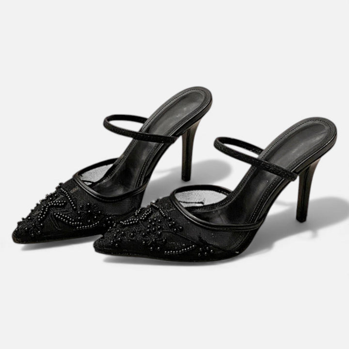 Women’s Elegant Airy Stable Formal Mesh Heels with Embroidered Floral Design