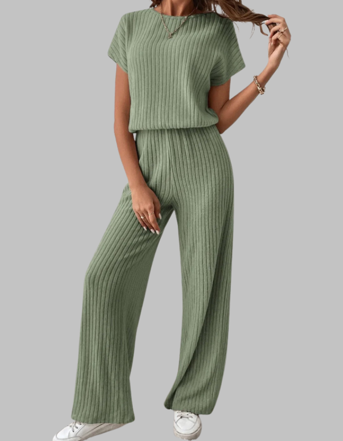 Ribbed Short Sleeve Wide-Leg Pants Set
