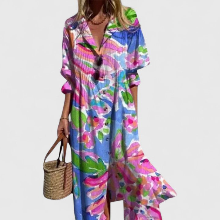 Abito Maxi Boho Svasato con Linea Fluttuante