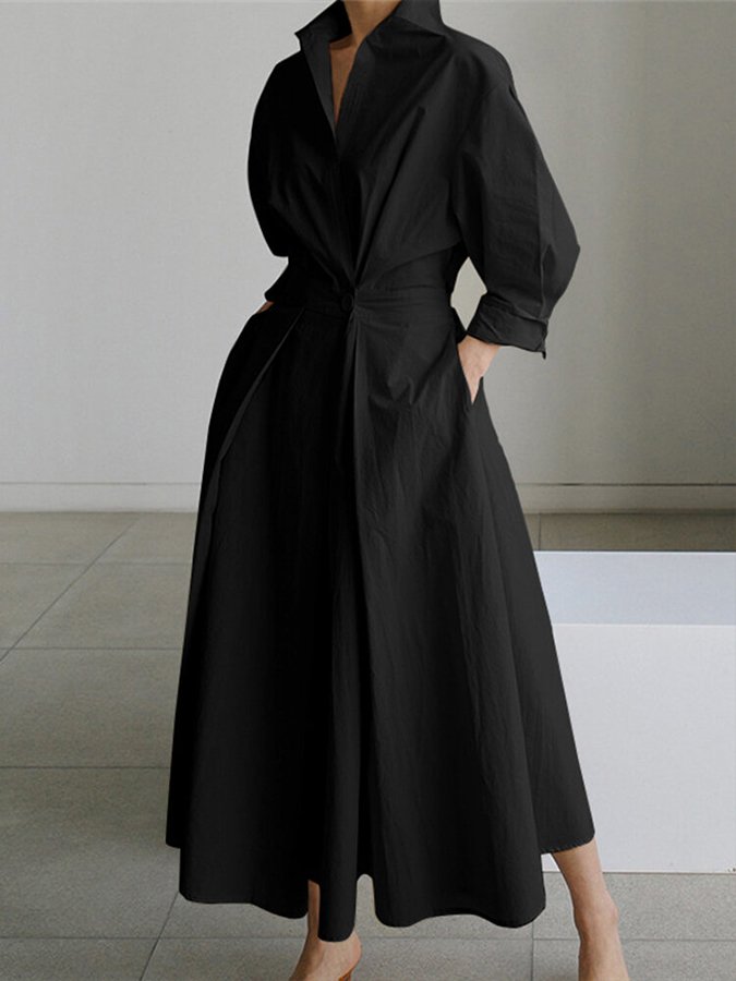 Vestido largo formal de mujer con cinturón y cuello tipo camisa para eventos especiales