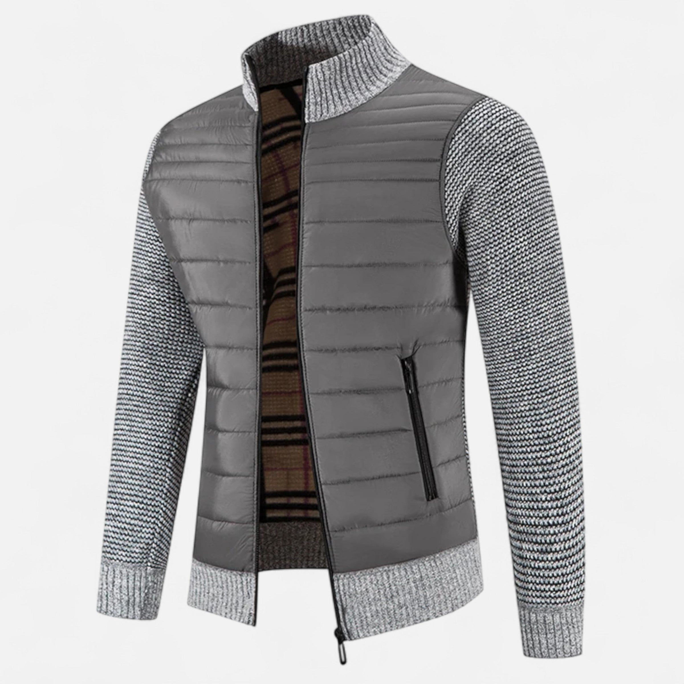 Giacca da uomo in pile con collo alto e motivo patchwork