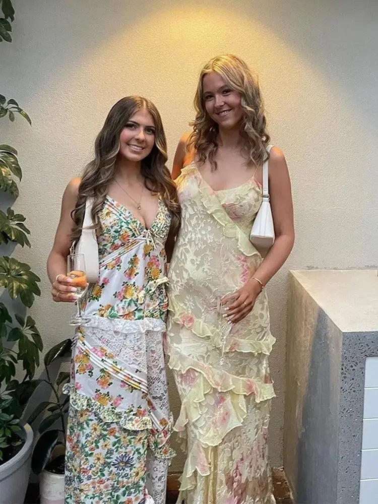 Vestido largo fluido de moda para mujer Sunny Bloom con tirantes finos