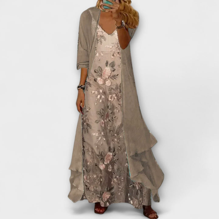 Conjunto de vestido maxi floral y cárdigan largo