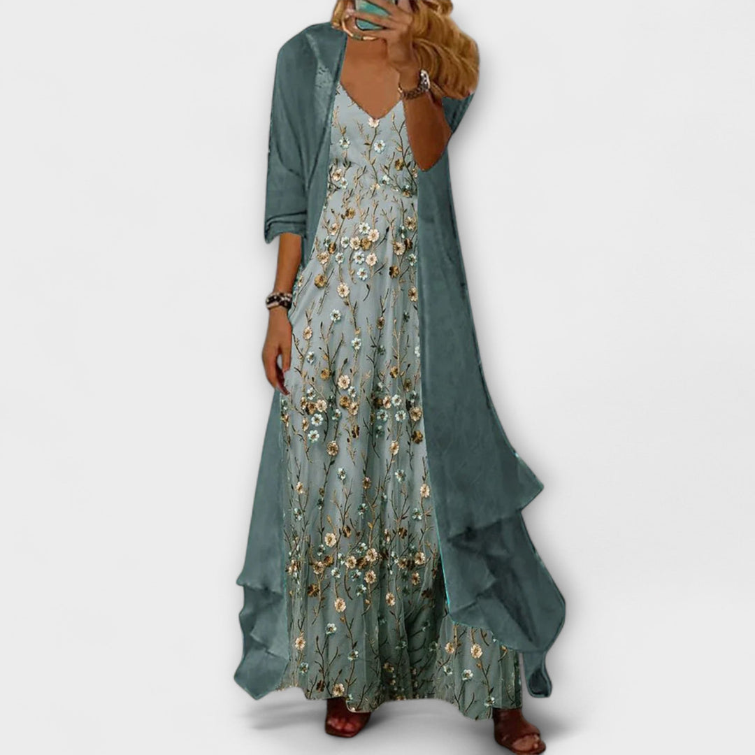 Conjunto de vestido maxi floral y cárdigan largo