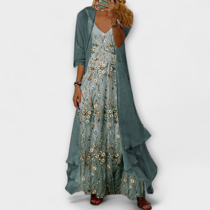 Conjunto de vestido maxi floral y cárdigan largo