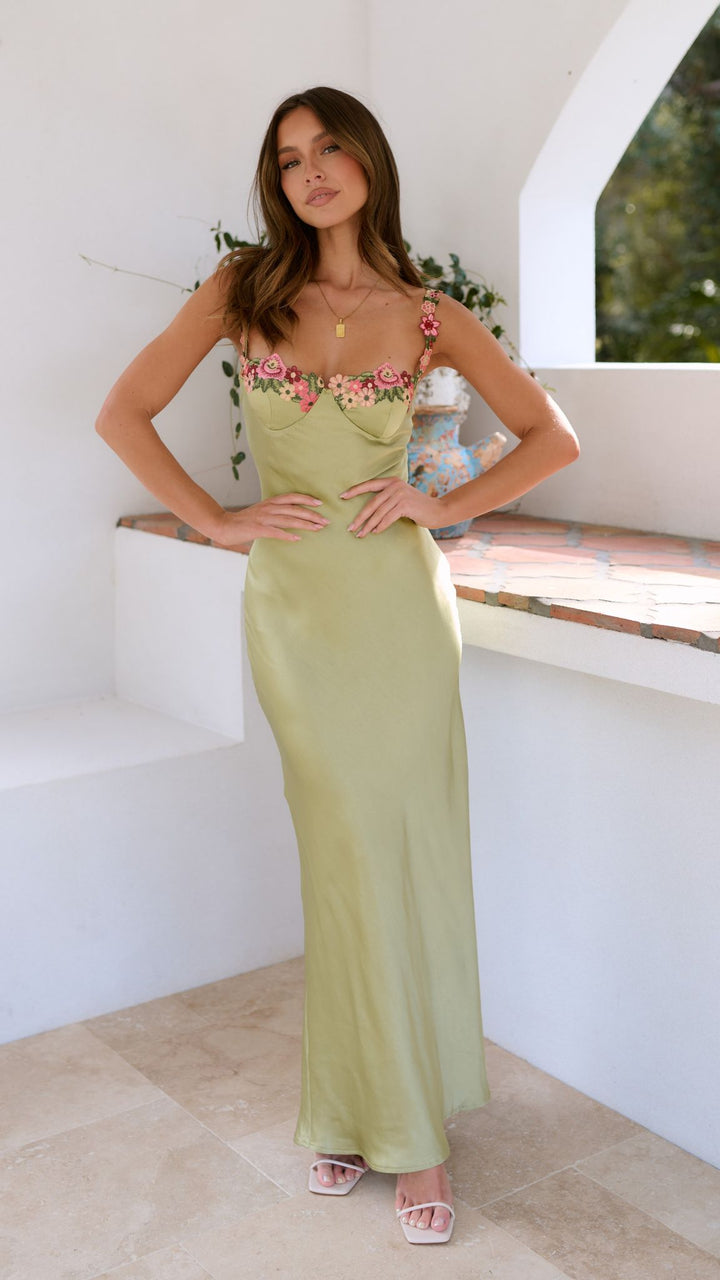 Vestido largo de noche femenino esbelto y deslumbrante con tirantes florales en los hombros