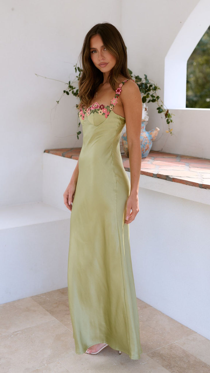 Vestido largo de noche femenino esbelto y deslumbrante con tirantes florales en los hombros