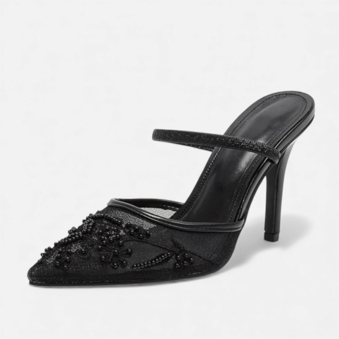 Women’s Elegant Airy Stable Formal Mesh Heels with Embroidered Floral Design