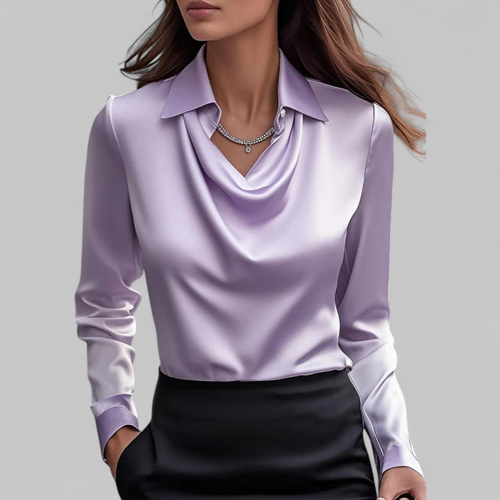 Satin Blouse with Draped Neckline and Long Sleeves