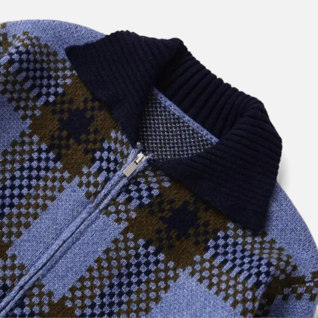 Chaqueta de punto con cremallera para mujer, de cuadros, con cuello vuelto