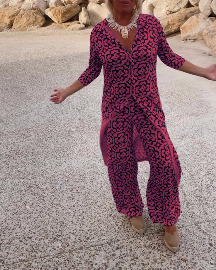 Conjunto de camisa larga estampada y pantalones rectos