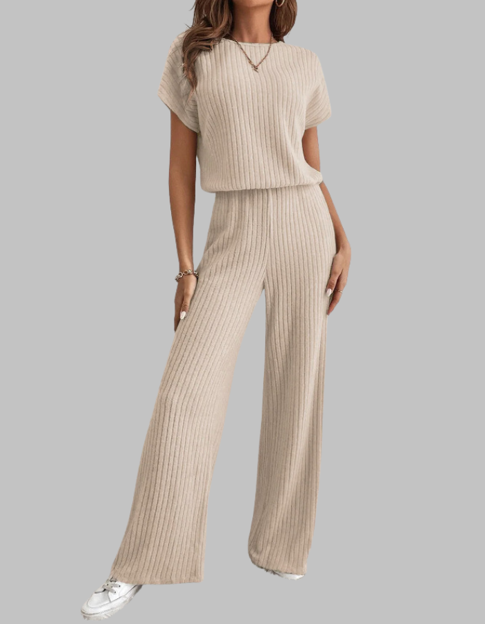Ribbed Short Sleeve Wide-Leg Pants Set