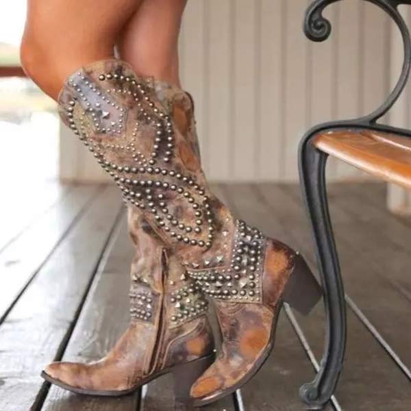 Women's Thick Edgy High Knee High Boots with Side Zipper and Rivet Detail